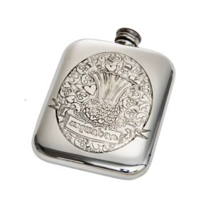 Personalised 6 oz Usquabae Thistle Skull and Hearts Pewter Hip Flask