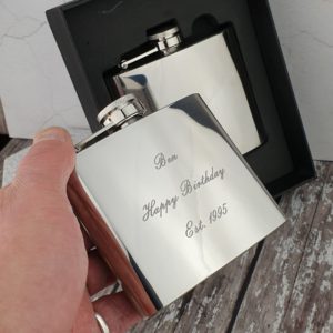Personalised 5oz engraved hip flask available in polished or satin finish. A classic stainless steel gift for birthdays, weddings, stag dos or Father’s Day.