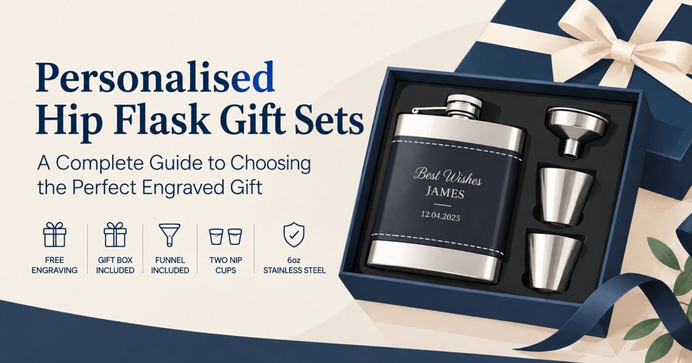 Personalised 6oz contrasting hip flask gift set with presentation box and accessories
